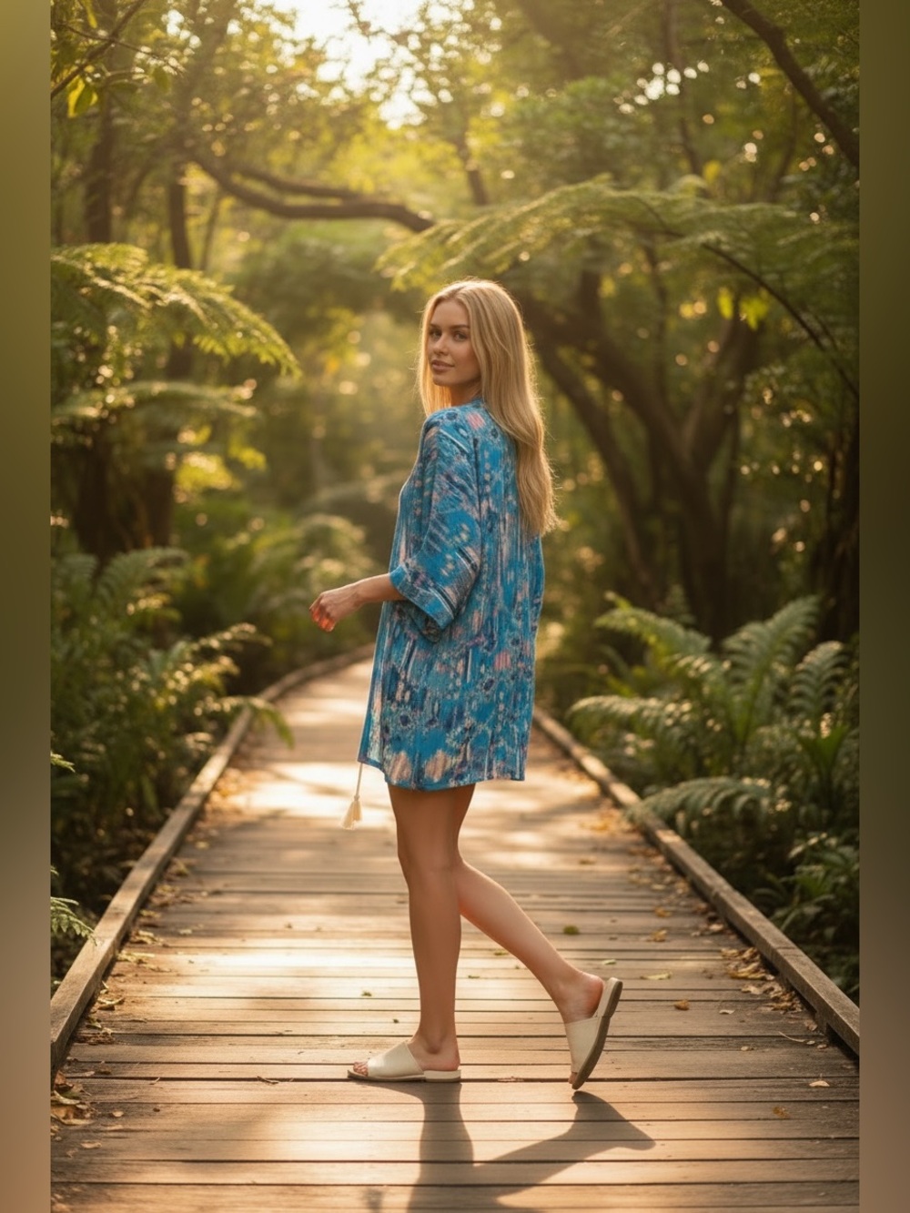 Blue Floral Kimono | Summer Vacation Cover-Up Robe - Picture 2 of 5